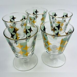 5 Libbey Starlight Footed On The Rocks Glass MidCentury Vintage Atomic Gold Teal